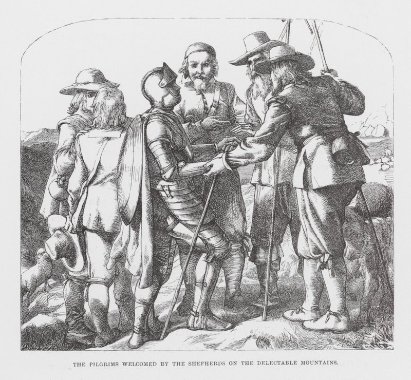 De pelgrims verwelkomd door de herders op de Verkwikkelijke Bergen door James Dawson Watson