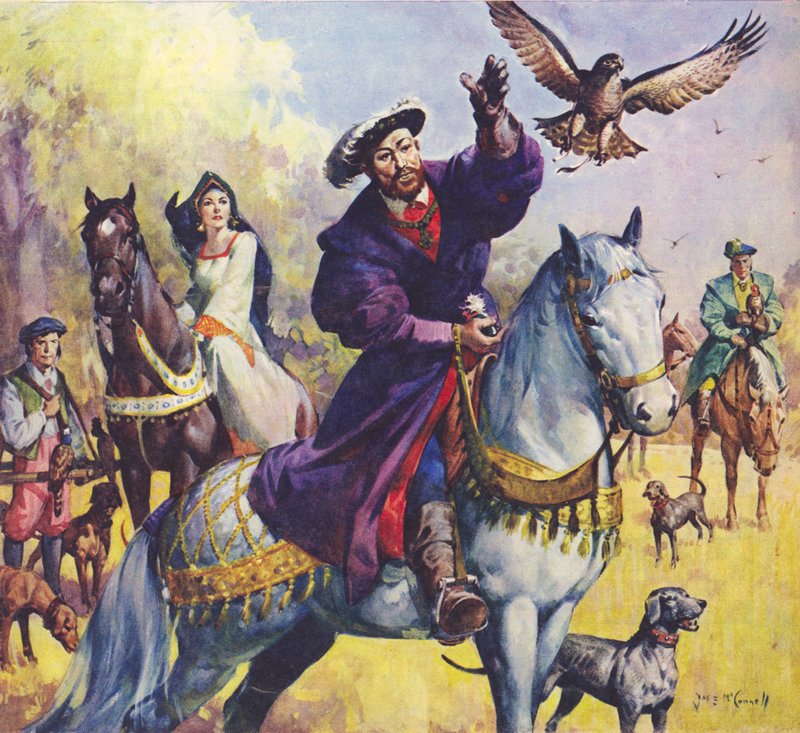 Koning Hendrik VIII en Anne Boleyn op jacht (kleurenlitho) door James Edwin McConnell