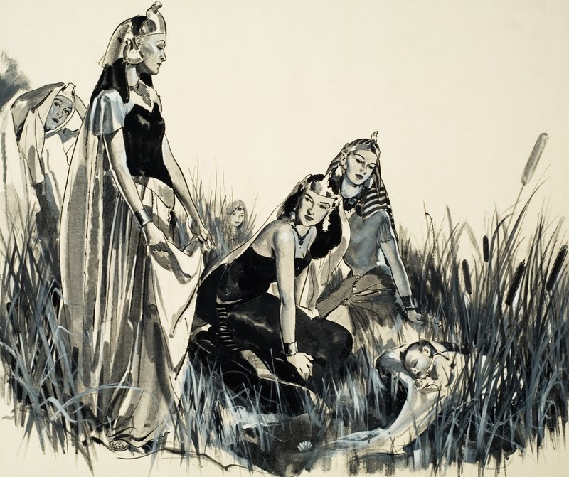 Mozes is gevonden tussen de stierenstruiken (gouache op papier) door James Edwin McConnell
