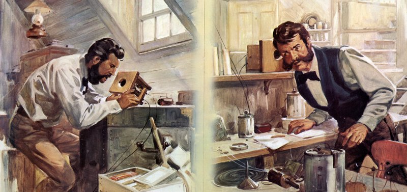 Het eerste telefoongesprek (kleurenlitho) door James Edwin McConnell