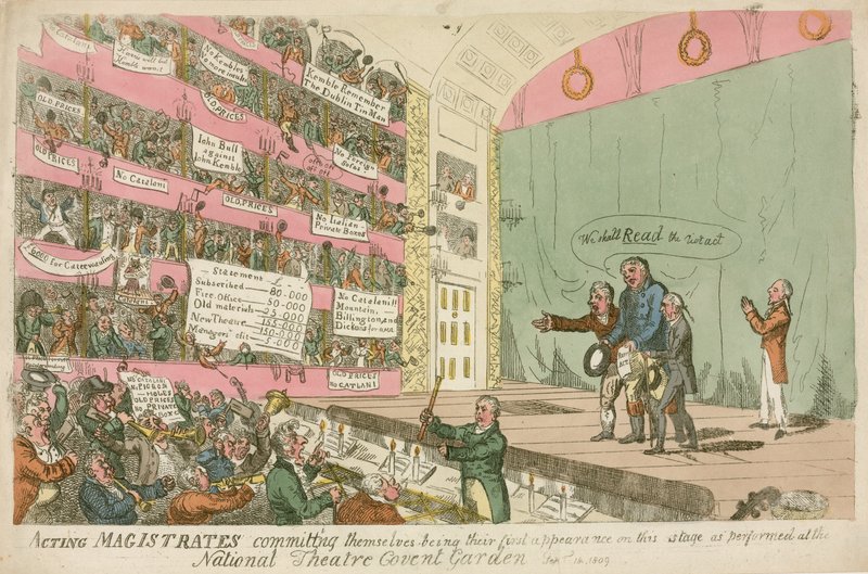 Optredende Magistraten die zichzelf veroordelen, hun eerste optreden in het National Theatre Covent Garden, 1809 door James Gillray