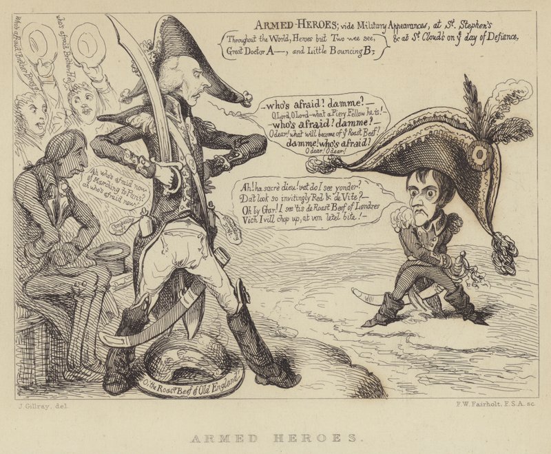 Gewapende Helden: Britse Premier Henry Addington confronteert Napoleon en de dreiging van een Franse invasie, 1803 door James Gillray