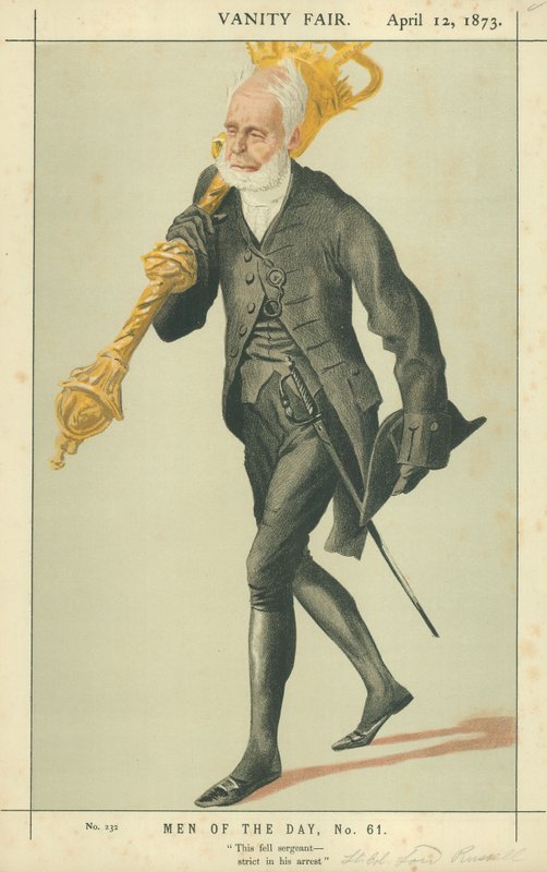 Luitenant-Kolonel Lord Charles James Fox Russell, Deze strenge sergeant in zijn arrestatie, 12 april 1873, Vanity Fair cartoon door James Jacques Joseph Tissot