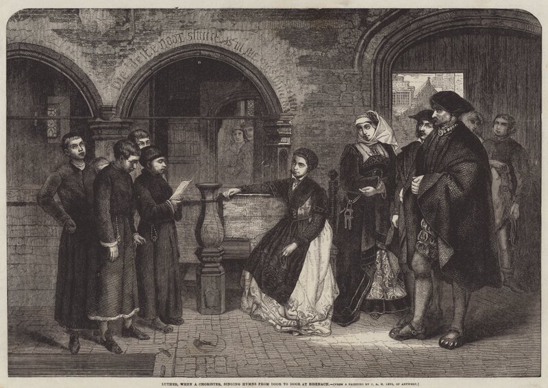 Luther, toen een koorzanger, zingend hymnes van deur tot deur in Eisenach door Jan August Hendrik Leys