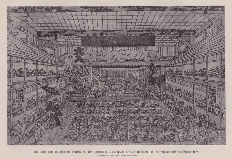 Interieur van een traditioneel Japans Kabuki-theater met de Hanamichi die door het publiek van de achterkant van het theater naar het podium loopt door Japanese School