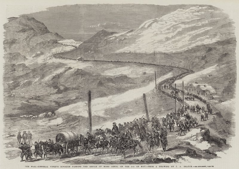 De oorlog, divisie van generaal Vinoy passeert de kloof van Mont Cenis, op 5 mei door Jean Adolphe Beauce