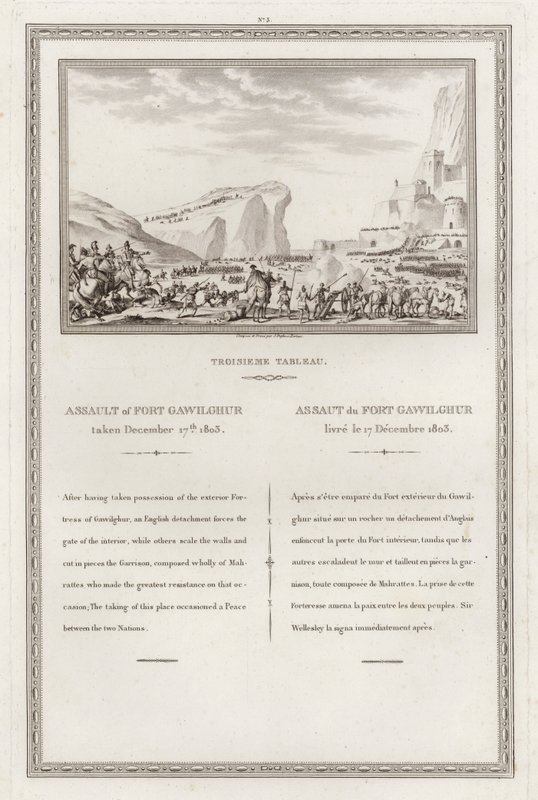 Verovering van het fort van Gawilghur door de Britten onder bevel van Arthur Wellesley, Tweede Anglo-Maratha Oorlog, India door Jean (after) Duplessi Bertaux