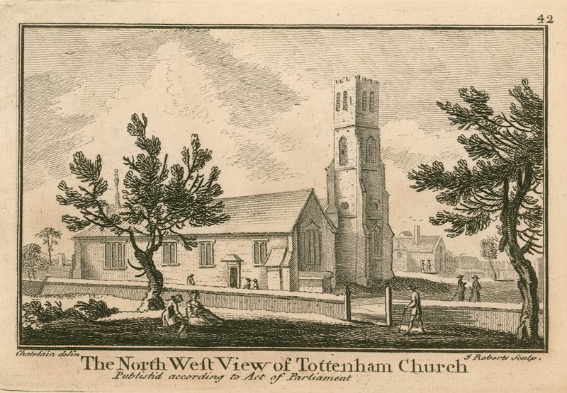 Het noordwestelijke uitzicht van Tottenham Church, Londen door Jean Baptiste Claude Chatelain