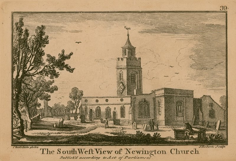 Het zuidwestelijke uitzicht van de kerk van Newington door Jean Baptiste Claude Chatelain