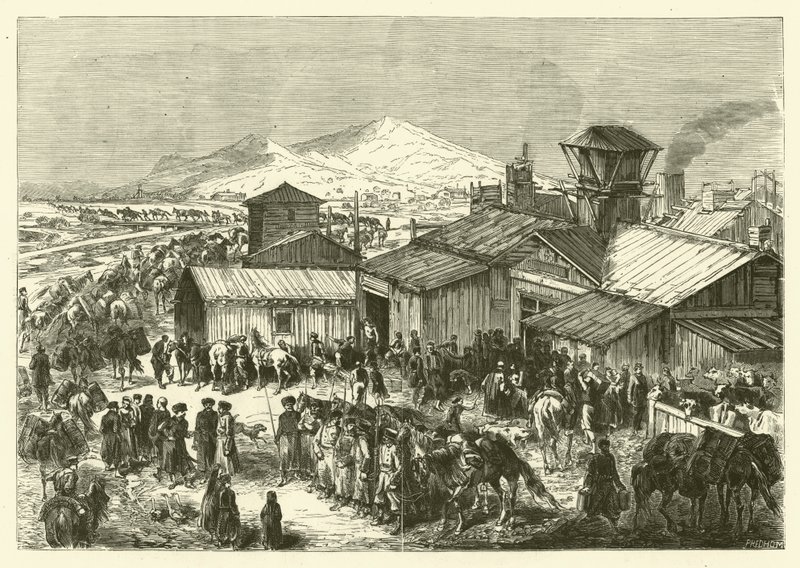Russische handelspost in Kashgar door Jean Baptiste Henri Durand Brager