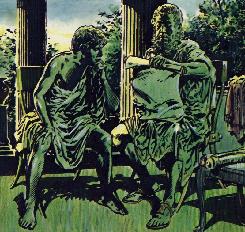Filips kreeg de hulp van Aristoteles om zijn zoon les te geven (kleurenlitho) door Jesus Blasco