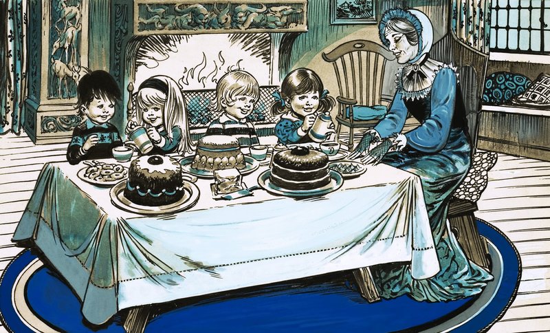 Ongeïdentificeerde scène van kinderen die een feestmaal eten voor een knapperend haardvuur door Jesus Blasco