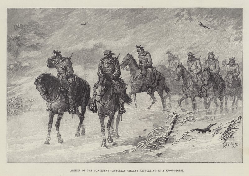 Legers van het continent, Oostenrijkse Ulanen patrouilleren in een sneeuwstorm door Johann Nepomuk Schonberg