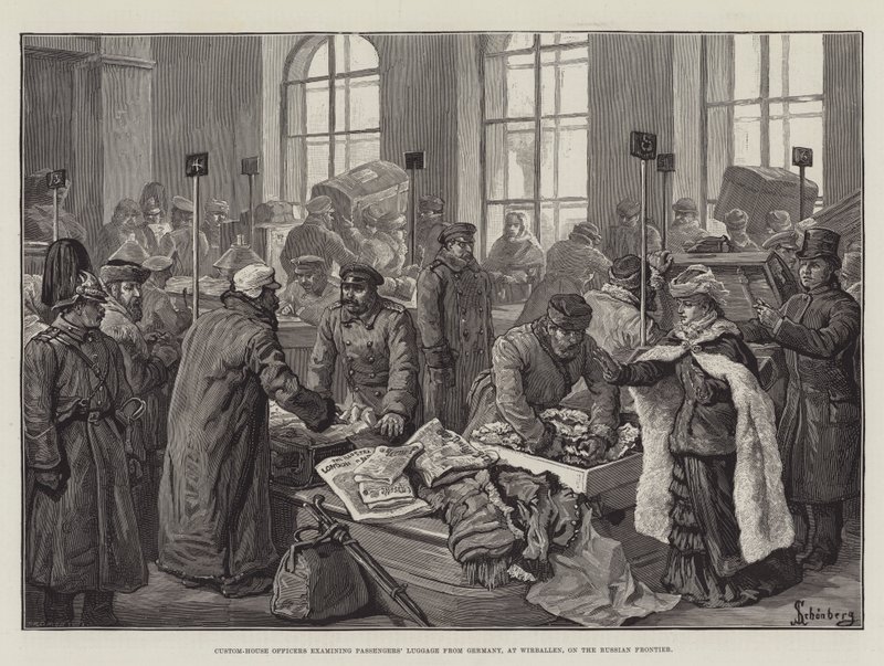 Douaneambtenaren onderzoeken Bagage van Passagiers uit Duitsland, bij Wirballen, aan de Russische Grens door Johann Nepomuk Schonberg