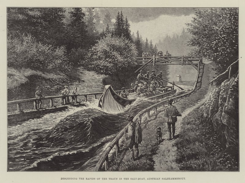De Rapids van de Traun afdalen in de Zoutboot, Oostenrijkse Salzkammergut door Johann Nepomuk Schonberg