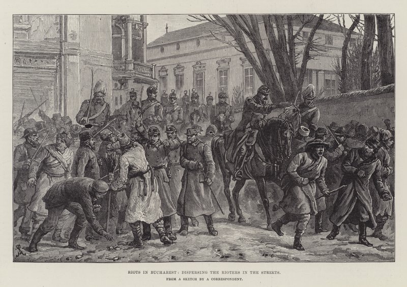 Oproer in Boekarest, het uiteendrijven van de relschoppers in de straten door Johann Nepomuk Schonberg