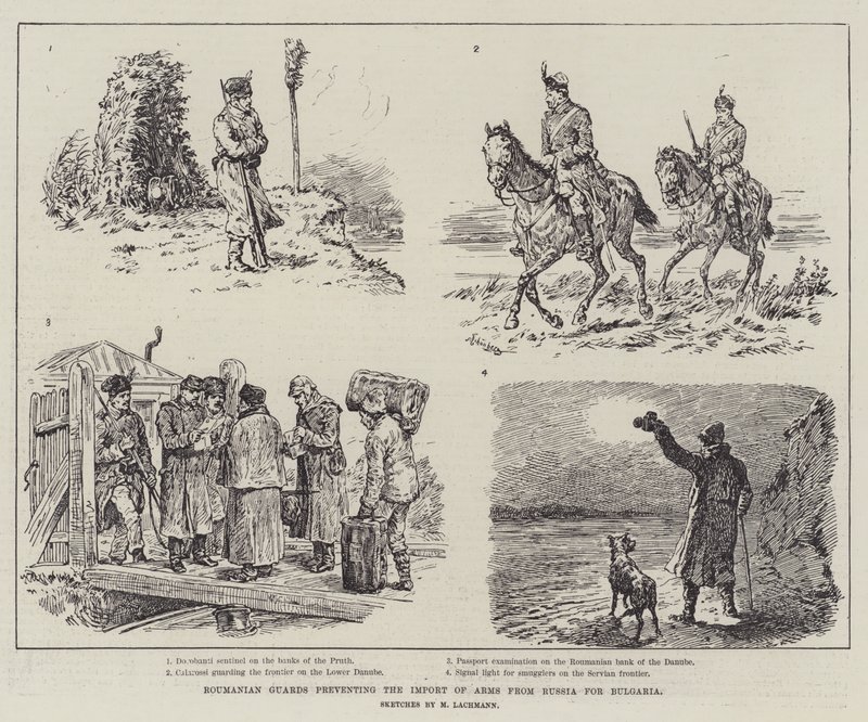 Roemeense bewakers voorkomen de invoer van wapens uit Rusland voor Bulgarije door Johann Nepomuk Schonberg