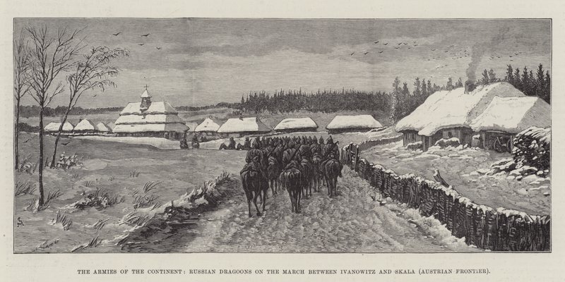De Legers van het Continent, Russische Dragonders op Mars tussen Ivanowitz en Skala (Oostenrijkse Grens) door Johann Nepomuk Schonberg