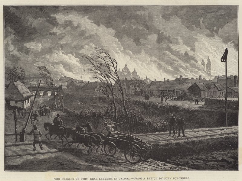 De brand van Stry, nabij Lemberg, in Galicië door Johann Nepomuk Schonberg