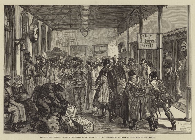 De Oosterse Kwestie, Russische Vrijwilligers op het Treinstation, Paschkanyi, Moldavië, op weg naar de Donau door Johann Nepomuk Schonberg
