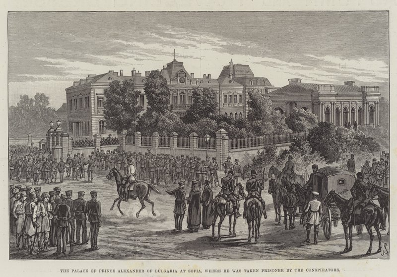 Het Paleis van Prins Alexander van Bulgarije in Sofia, waar hij gevangen werd genomen door de samenzweerders door Johann Nepomuk Schonberg