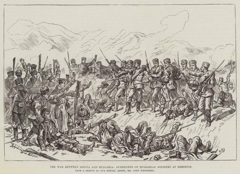 De oorlog tussen Servië en Bulgarije, overgave van Bulgaarse soldaten bij Brezenik door Johann Nepomuk Schonberg