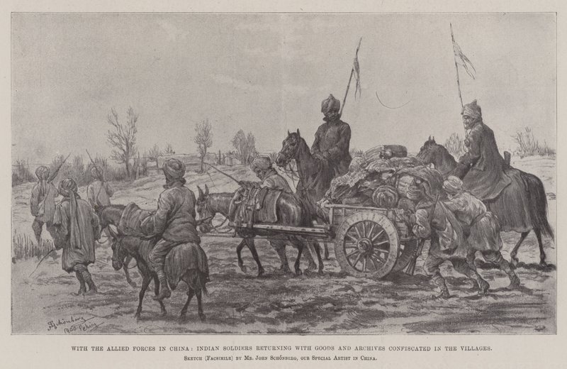 Met de geallieerde troepen in China, Indiase soldaten keren terug met goederen en archieven in beslag genomen in de dorpen door Johann Nepomuk Schonberg