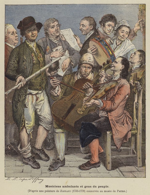 Reizende muzikanten en gewone mensen door Johann (after) Zoffany
