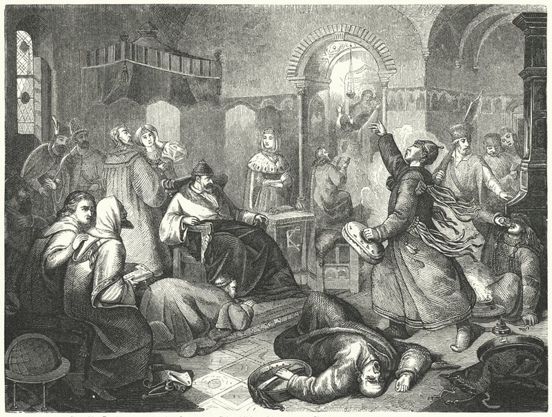 Een Finse tovenaar voorspelt de naderende dood van Ivan de Verschrikkelijke (gravure) door Johann Karl Baehr