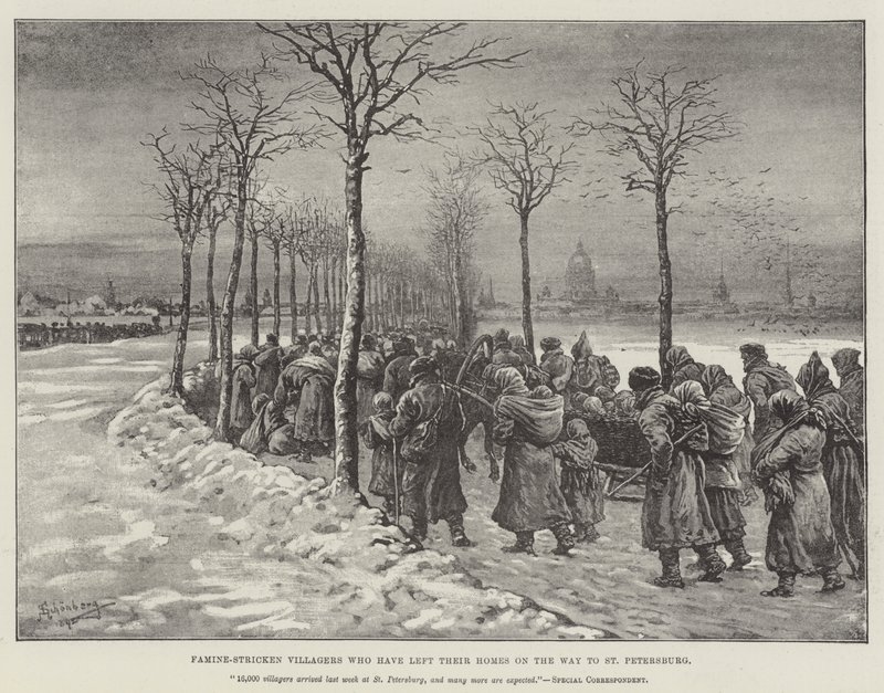 Hongersnood getroffen dorpelingen die hun huizen hebben verlaten op weg naar Sint-Petersburg door Johann Nepomuk Schonberg