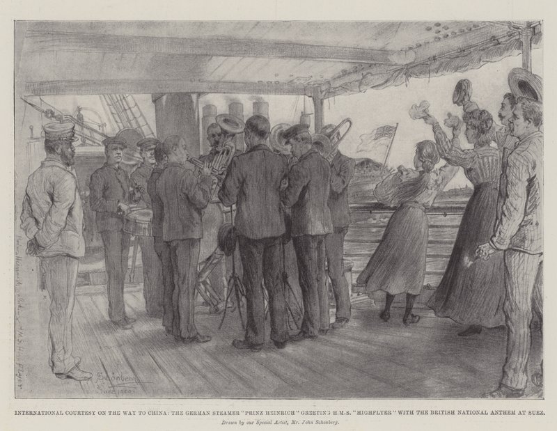 Internationale beleefdheid op weg naar China, de Duitse stoomboot Prinz Heinrich begroet HMS Highflyer met het Britse volkslied in Suez door Johann Nepomuk Schonberg
