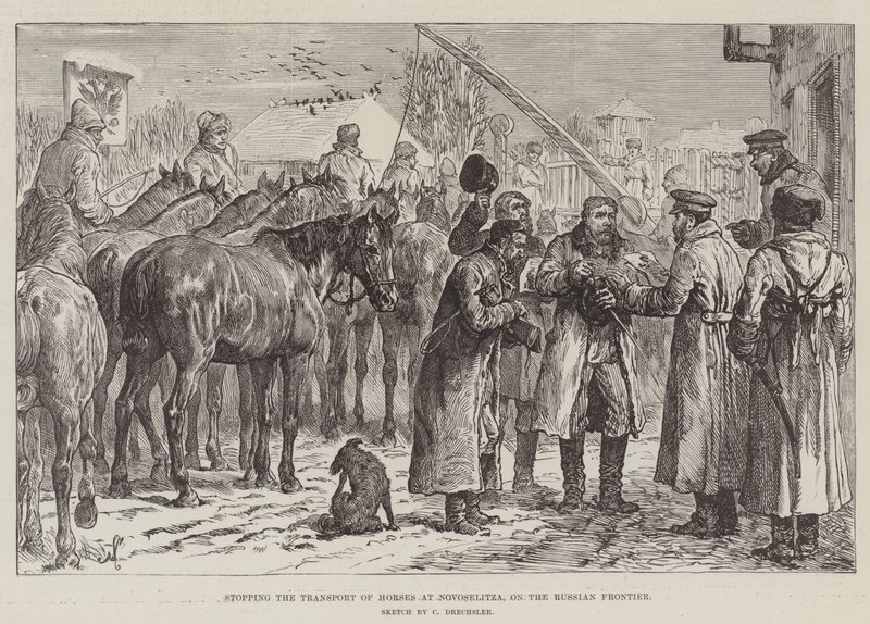 Het stoppen van het transport van paarden bij Novoselitza, aan de Russische grens door Johann Nepomuk Schonberg