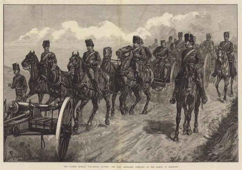 De Paasmaandag Vrijwilligersparade, de Eervolle Artillerie Compagnie op Mars naar Brighton door Johann Nepomuk Schonberg