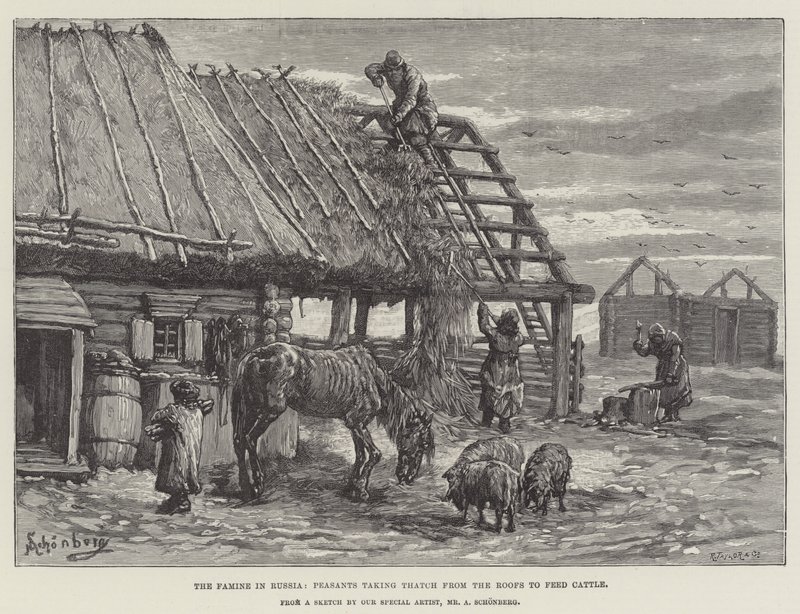 De hongersnood in Rusland, boeren halen riet van de daken om vee te voeden door Johann Nepomuk Schonberg