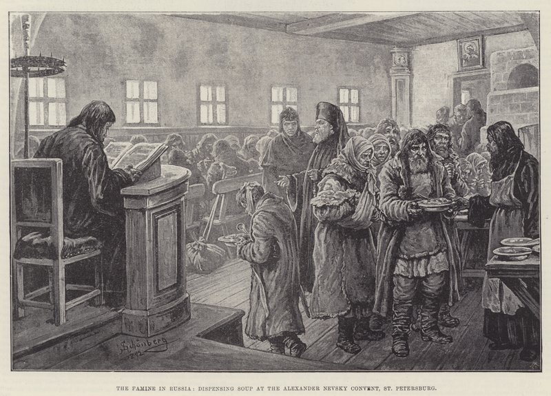 De Hongersnood in Rusland, soep uitdelen bij het Alexander Nevsky Klooster, St. Petersburg door Johann Nepomuk Schonberg