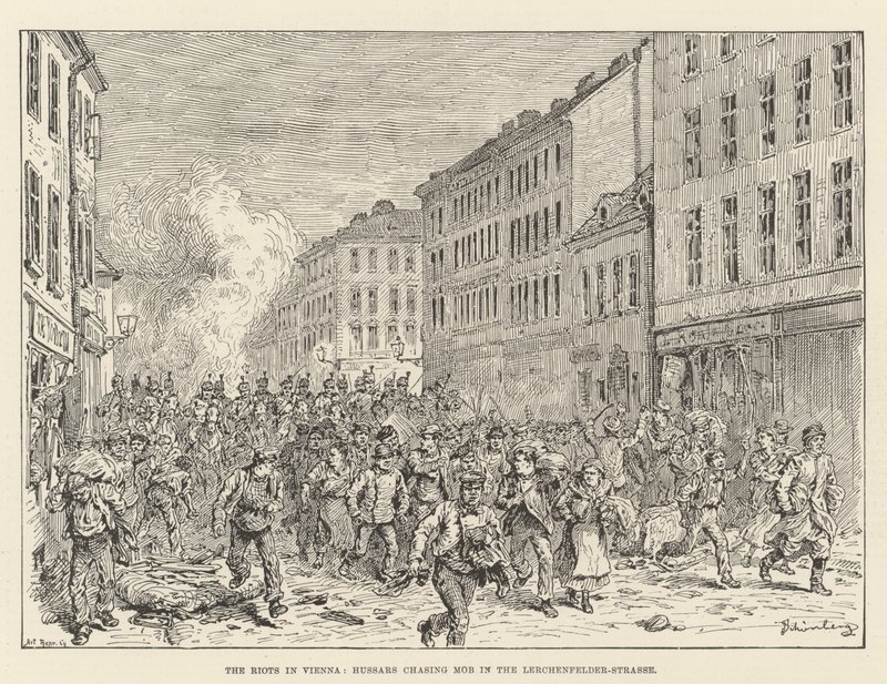 De rellen in Wenen, huzaren achtervolgen menigte in de Lerchenfelder-Strasse door Johann Nepomuk Schonberg