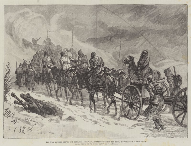 De oorlog tussen Servië en Bulgarije, Servisch artillerie die de Ploca-bergen oversteekt in een sneeuwstorm door Johann Nepomuk Schonberg