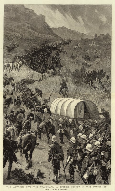 De Vooruitgang naar de Transvaal, Een Britse Konvooi in de Passes van de Drakensberg door John Charles Dollman
