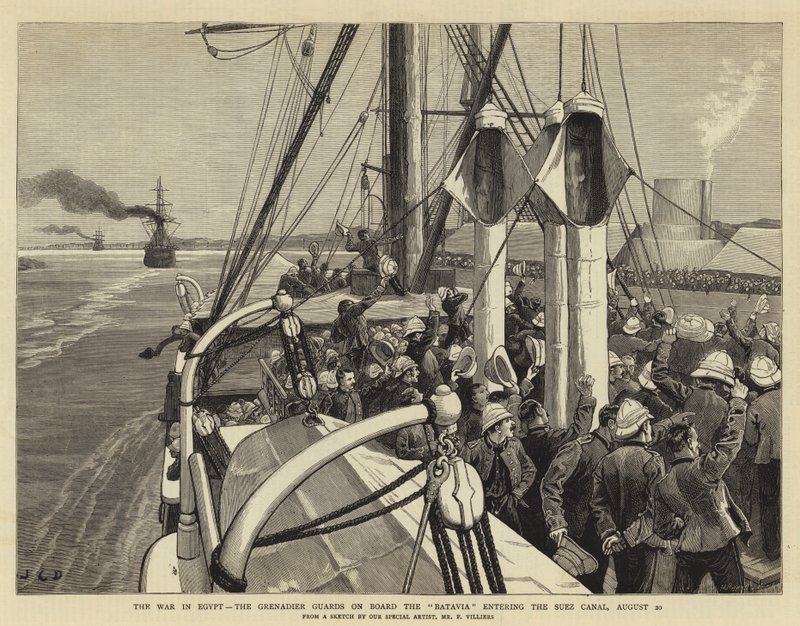 De oorlog in Egypte, de Grenadier Guards aan boord van de Batavia die het Suezkanaal binnenvaren, 20 augustus door John Charles Dollman