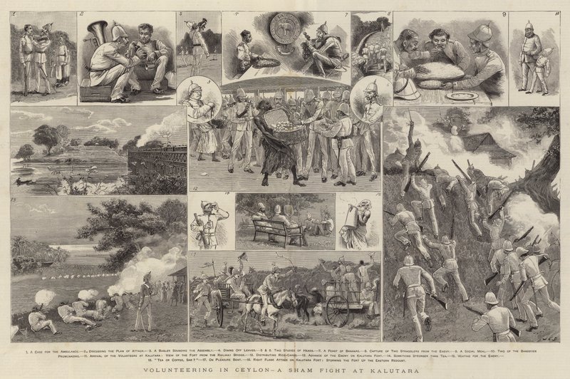 Vrijwilligers in Ceylon, een schijngevecht in Kalutara door John Charles Dollman