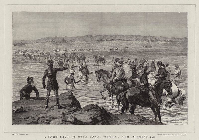 Een Vliegende Kolom van Bengaalse Cavalerie die een Rivier oversteekt in Afghanistan door John Charlton