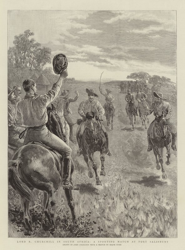 Lord R Churchill in Zuid-Afrika, een Sportwedstrijd bij Fort Salisbury door John Charlton
