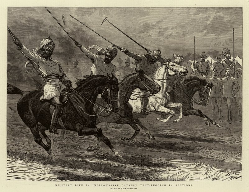 Militair leven in India, inheemse cavalerie tent-pegging in secties door John Charlton