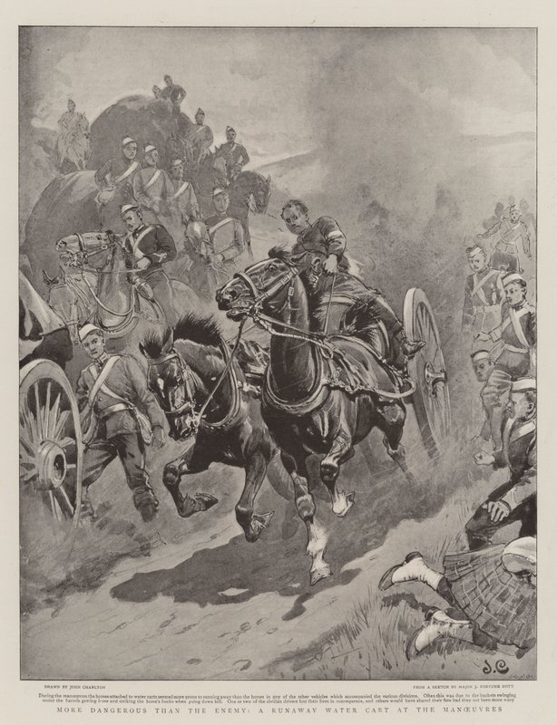 Gevaarlijker dan de vijand, een op hol geslagen waterkar tijdens de manoeuvres door John Charlton