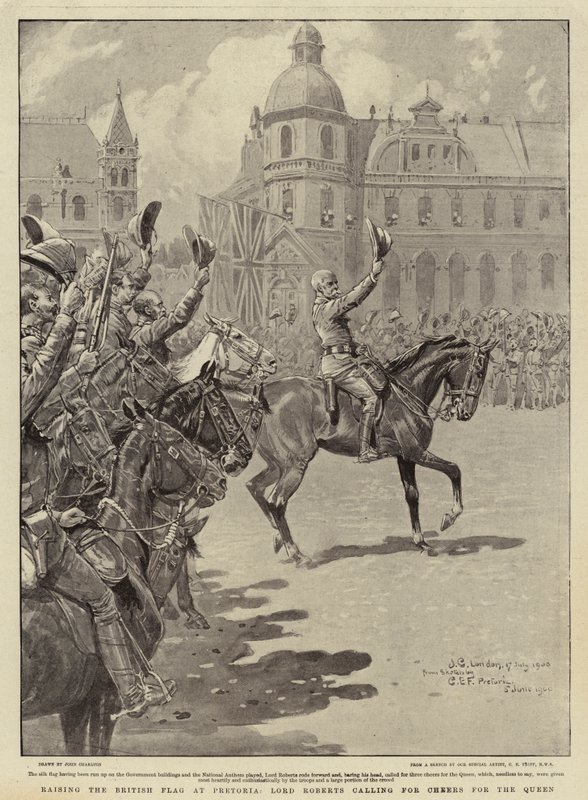 Het Hijsen van de Britse Vlag in Pretoria, Lord Roberts roept op tot gejuich voor de Koningin door John Charlton