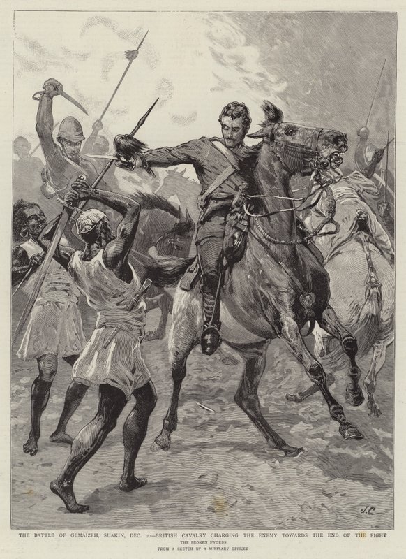 De Slag bij Gemaizeh, Suakin, 20 december, Britse cavalerie die de vijand aanvalt tegen het einde van het gevecht door John Charlton