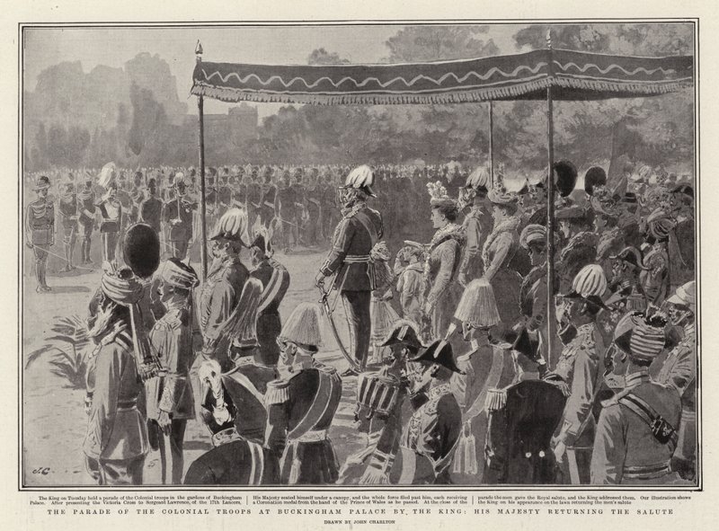 De parade van de koloniale troepen bij Buckingham Palace door de koning, Zijne Majesteit brengt de groet door John Charlton