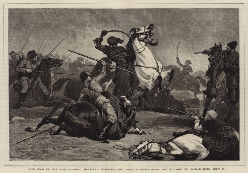 De Oorlog in het Oosten, Gevecht tussen Kozakken en Bashi-Bazouks nabij het Dorp Haidar Keui, 16 juli door John Charlton