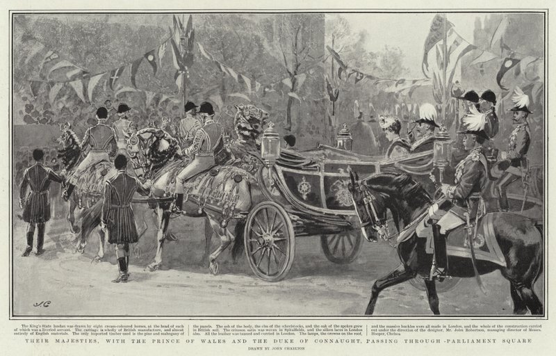 Hun Majesteiten, met de Prins van Wales en de Hertog van Connaught, door Parliament Square door John Charlton