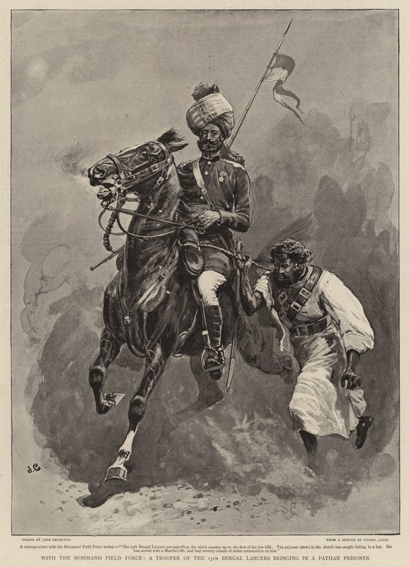 Met de Mohmand Field Force, een trooper van de 13e Bengal Lancers brengt een Pathan-gevangene binnen door John Charlton